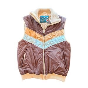 Vintage Guess Puffer Vest Men’s Medium Y2K Stripe Brown Teal